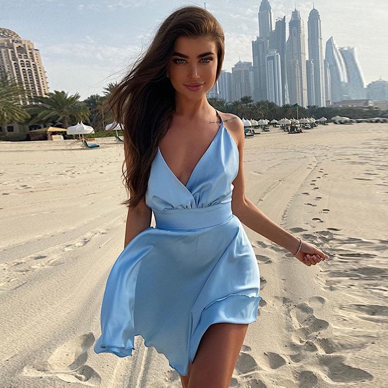 Backless Ladies Evening Mini Sexy Clubwear Satin Dresses Women