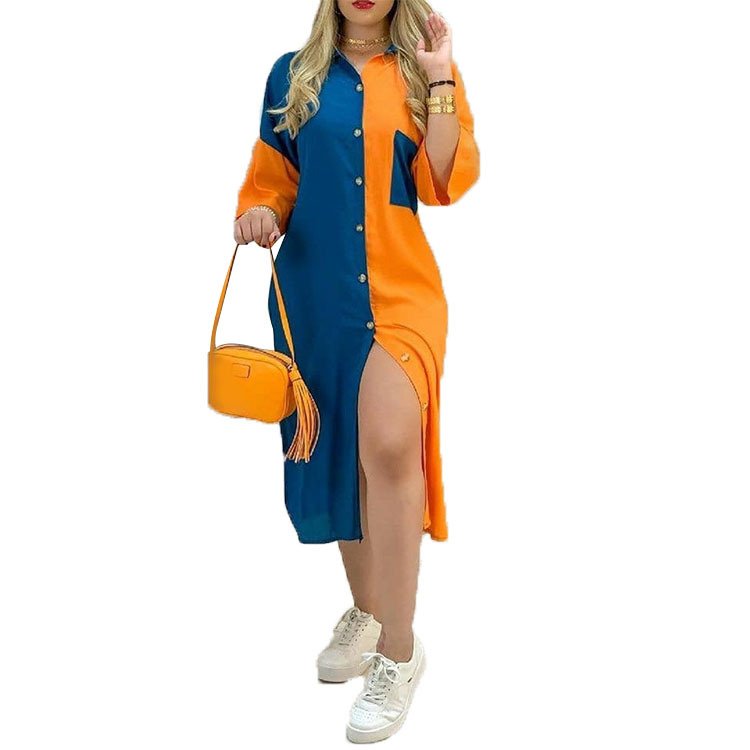 Y207145 S-3XL Elegant Print Buttoned Slit Shirt Dress Women Lapel Neck Maxi Party Dress Casual Loose Long Sleeve Beach Dresses
