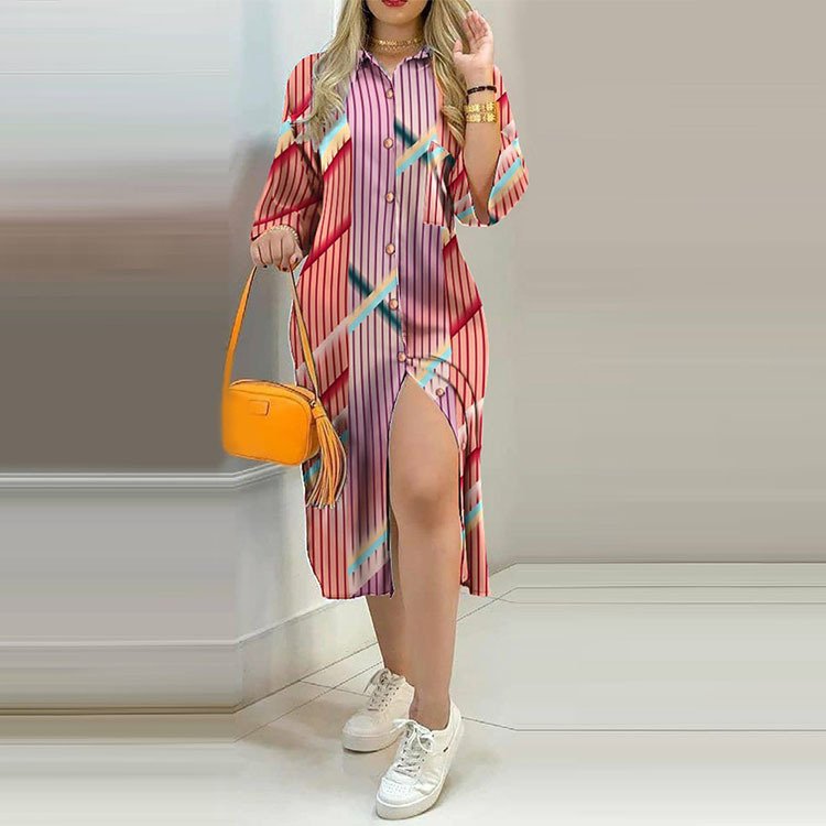 Y207145 S-3XL Elegant Print Buttoned Slit Shirt Dress Women Lapel Neck Maxi Party Dress Casual Loose Long Sleeve Beach Dresses
