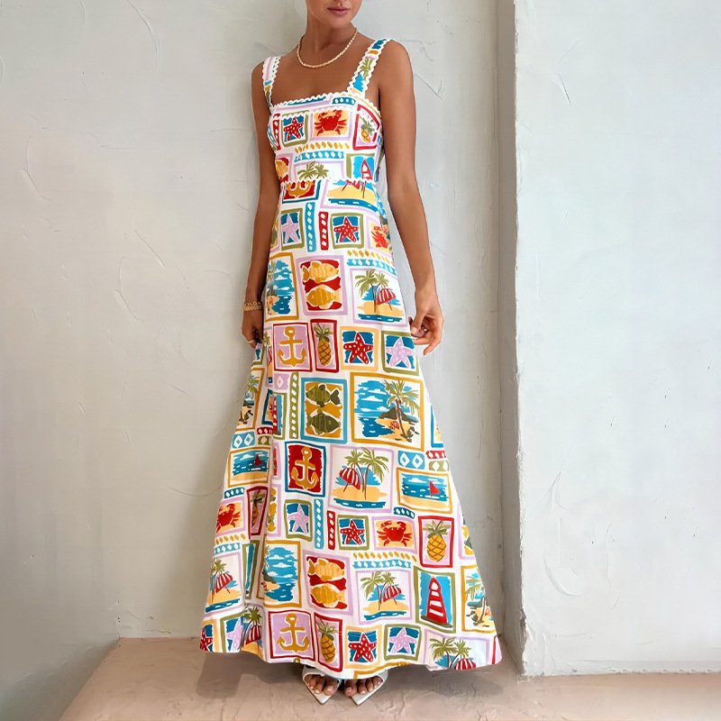 2024 Fashion Temperament Stylish Personality Graffiti Sling Top Lace Floral Elegant Casual Dresses