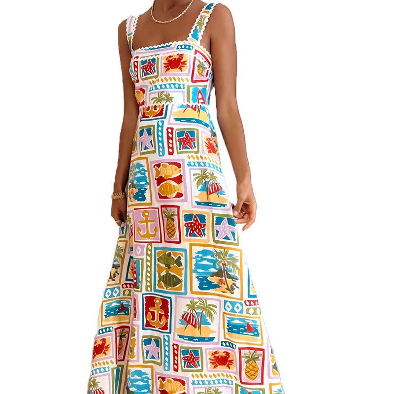 2024 Fashion Temperament Stylish Personality Graffiti Sling Top Lace Floral Elegant Casual Dresses
