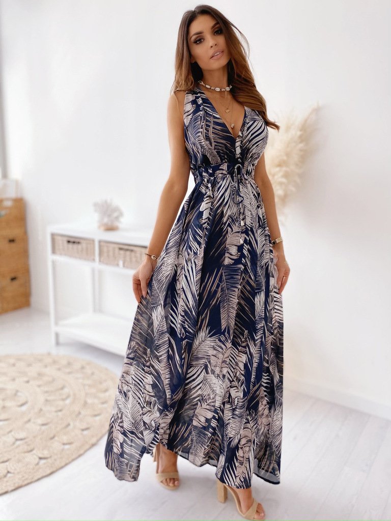 2023 Women Summer New Fashion V neck Sexy Backless Printed Casual Sling Dress