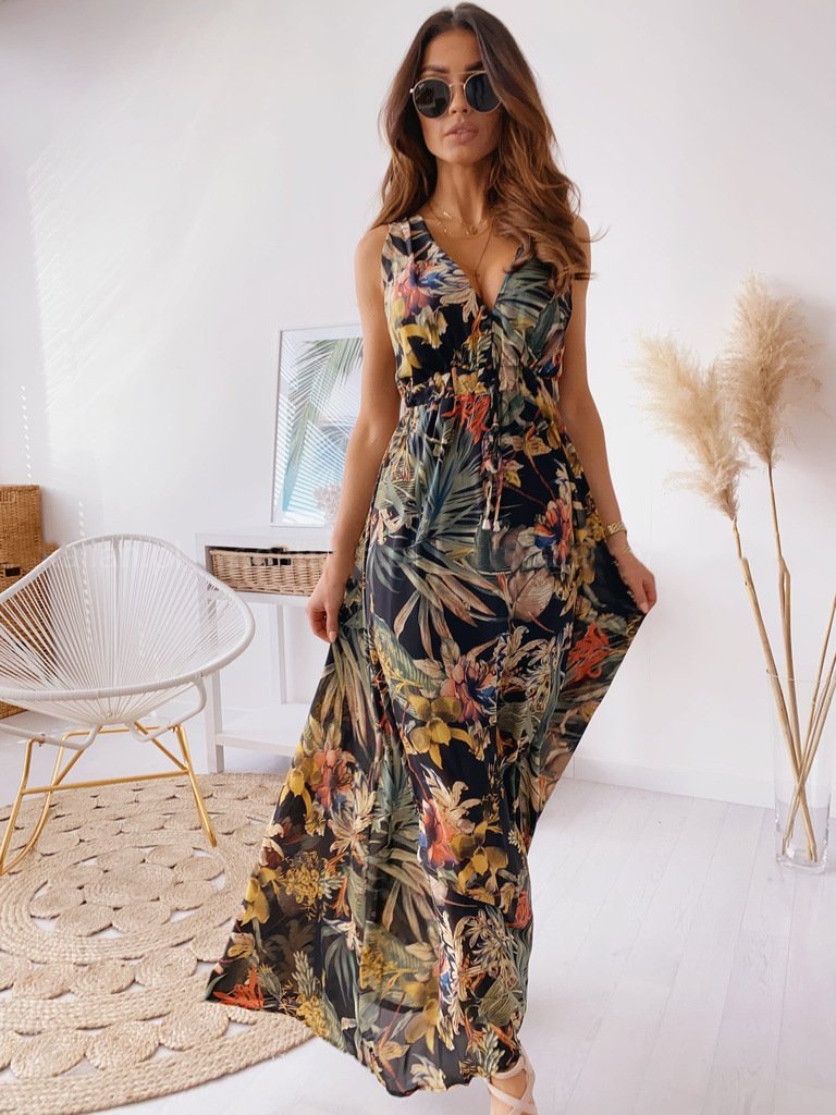 2023 Women Summer New Fashion V neck Sexy Backless Printed Casual Sling Dress
