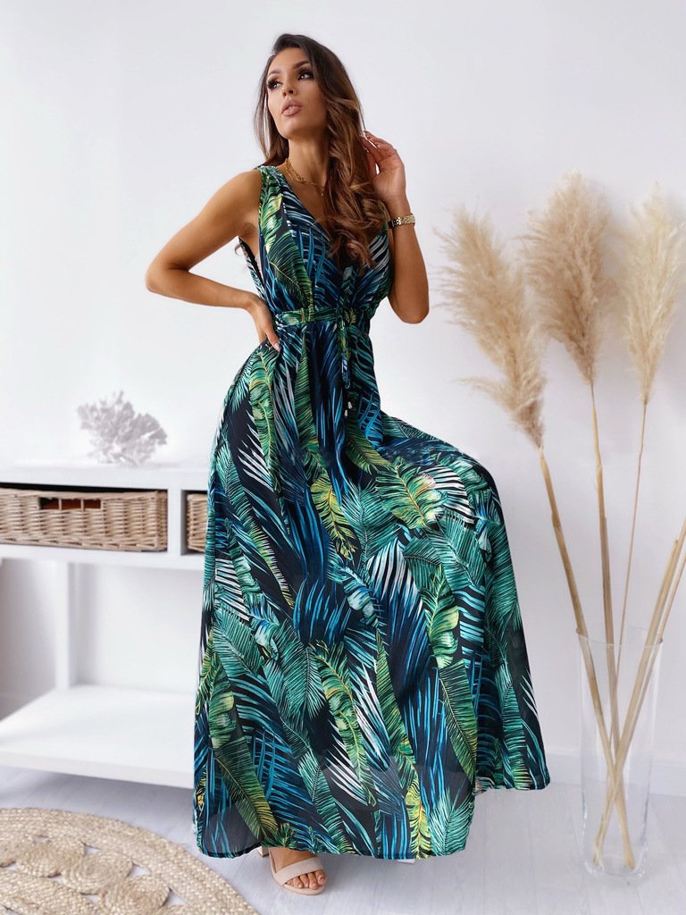 2023 Women Summer New Fashion V neck Sexy Backless Printed Casual Sling Dress
