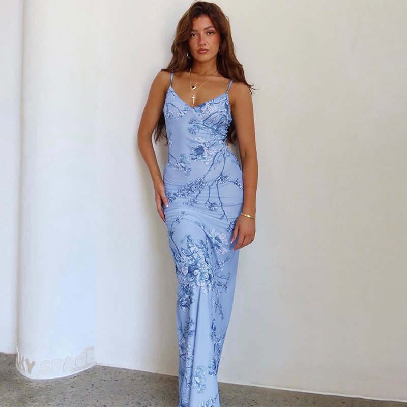 Halter Women Elegant Casual Dresses K6386 Modern Sleeveless Long Floral Natural Digital Printing Adults Straight Knitted
