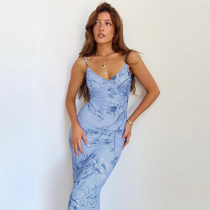 Halter Women Elegant Casual Dresses K6386 Modern Sleeveless Long Floral Natural Digital Printing Adults Straight Knitted