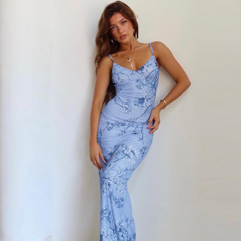 Halter Women Elegant Casual Dresses K6386 Modern Sleeveless Long Floral Natural Digital Printing Adults Straight Knitted