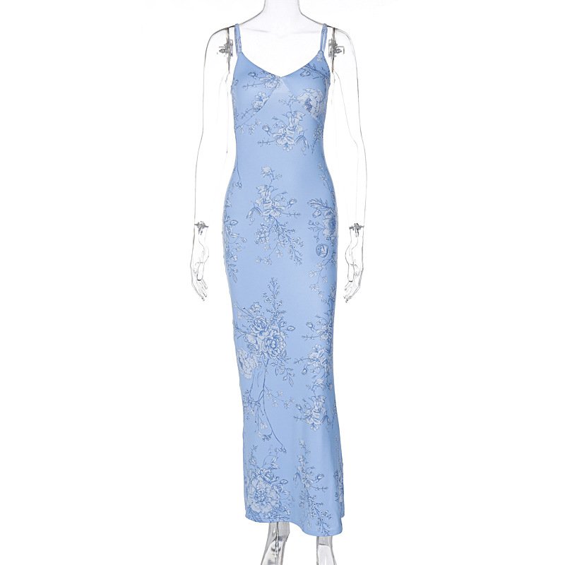 Halter Women Elegant Casual Dresses K6386 Modern Sleeveless Long Floral Natural Digital Printing Adults Straight Knitted