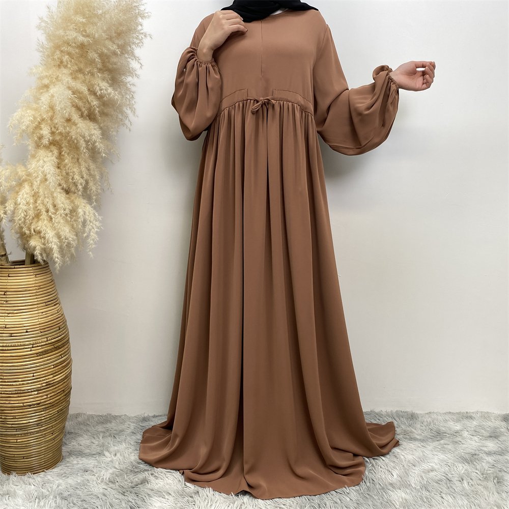 6692# Modest Solid Color Nida Waist Belt Abaya Dubai Muslim Women Ramadan Long Sleeve Dress