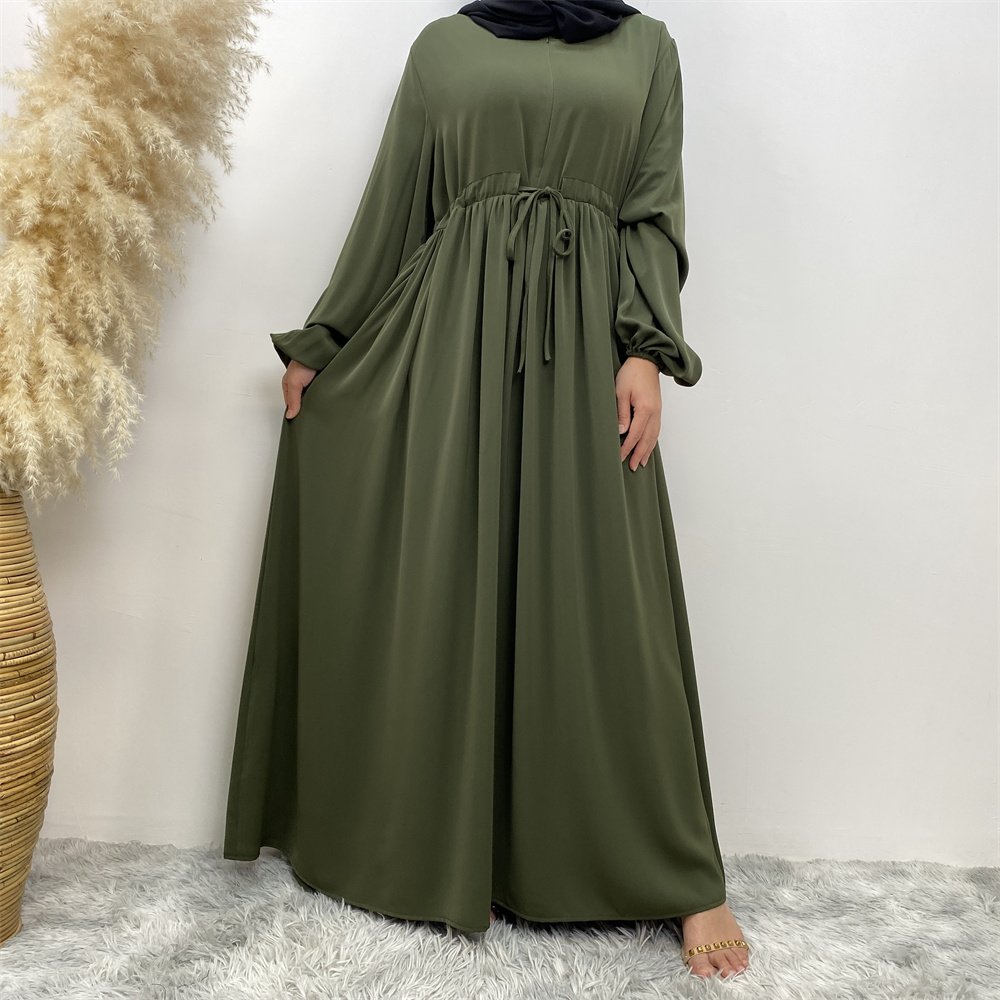 6692# Modest Solid Color Nida Waist Belt Abaya Dubai Muslim Women Ramadan Long Sleeve Dress