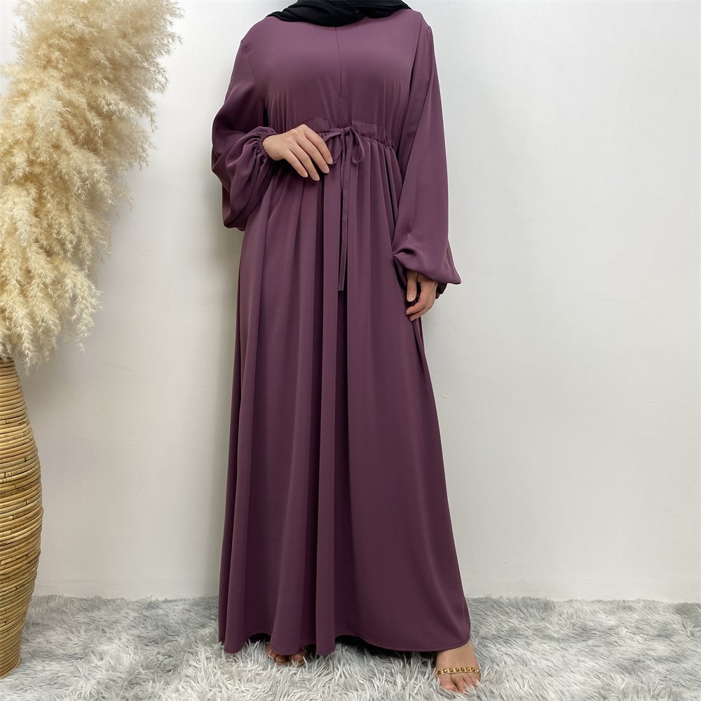 6692# Modest Solid Color Nida Waist Belt Abaya Dubai Muslim Women Ramadan Long Sleeve Dress