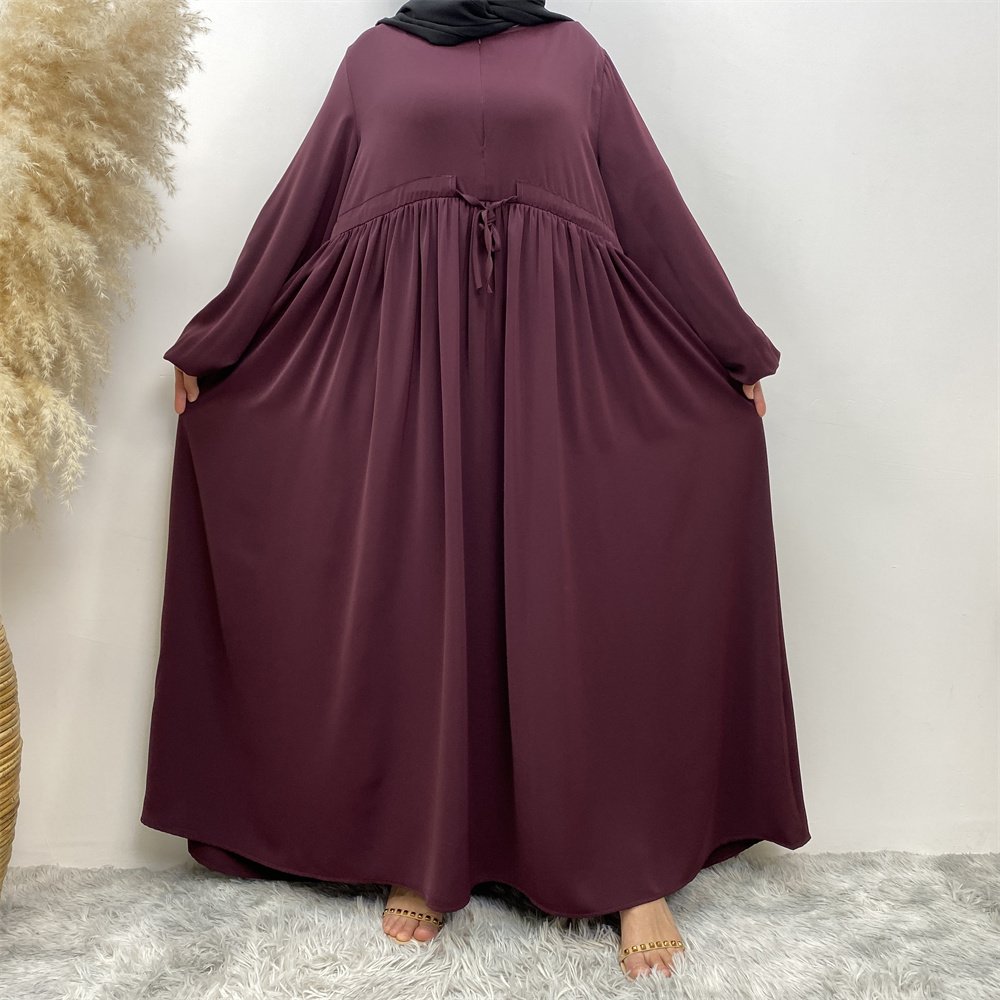 6692# Modest Solid Color Nida Waist Belt Abaya Dubai Muslim Women Ramadan Long Sleeve Dress