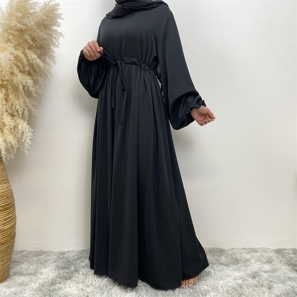6692# Modest Solid Color Nida Waist Belt Abaya Dubai Muslim Women Ramadan Long Sleeve Dress