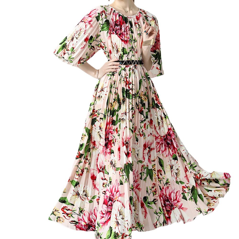 Women Fashion Elegant Dress Crew Neck Floral Print Ruffle Ruched Smart Casual Dresses Long