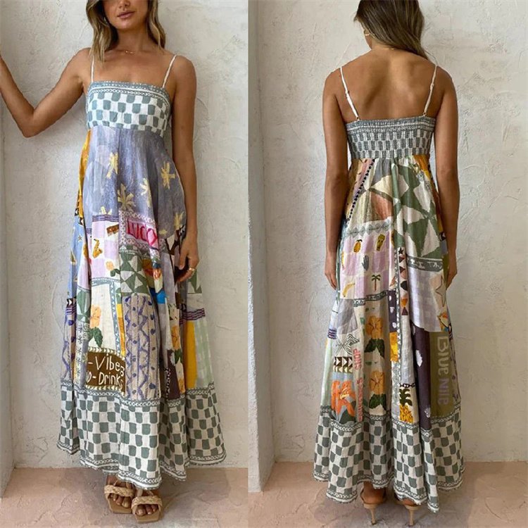 2024 New Hot Selling Women's Wear Temperament Fashion Trend Print Sexy Sleeveless Hanging Strap Large hem Dress