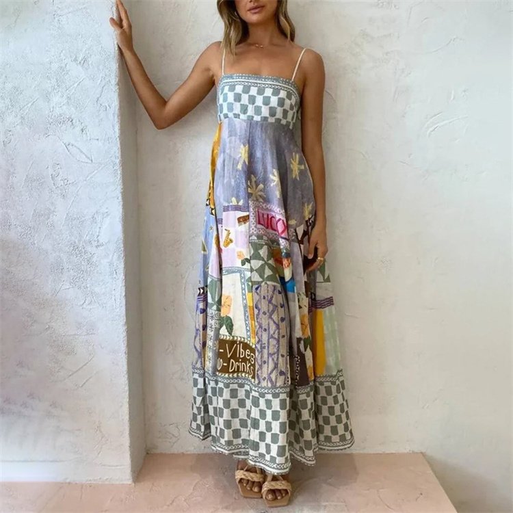 2024 New Hot Selling Women's Wear Temperament Fashion Trend Print Sexy Sleeveless Hanging Strap Large hem Dress