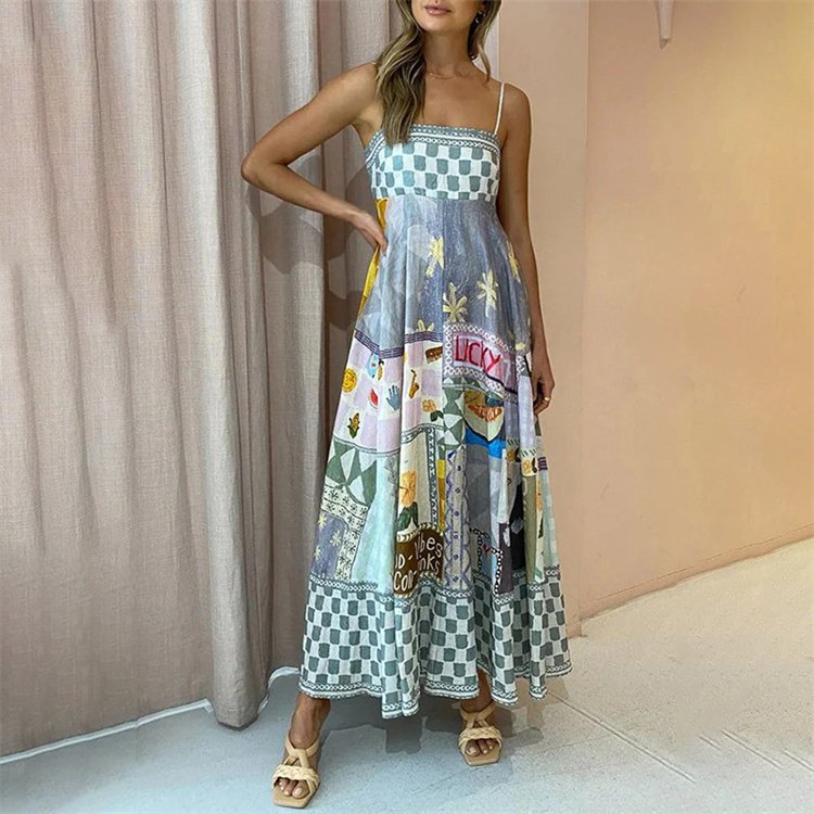 2024 New Hot Selling Women's Wear Temperament Fashion Trend Print Sexy Sleeveless Hanging Strap Large hem Dress