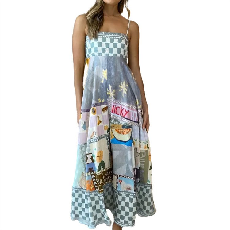 2024 New Hot Selling Women's Wear Temperament Fashion Trend Print Sexy Sleeveless Hanging Strap Large hem Dress
