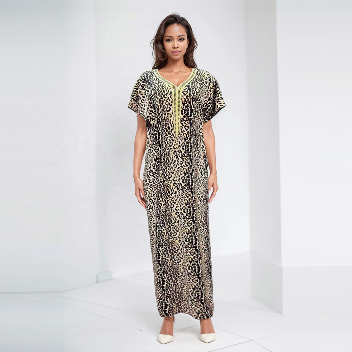Fashion Casual Style V Neck Ant Cloth Short Sleeve Folkloric Graphic Embroidery African Women Abaya Leopard Dress