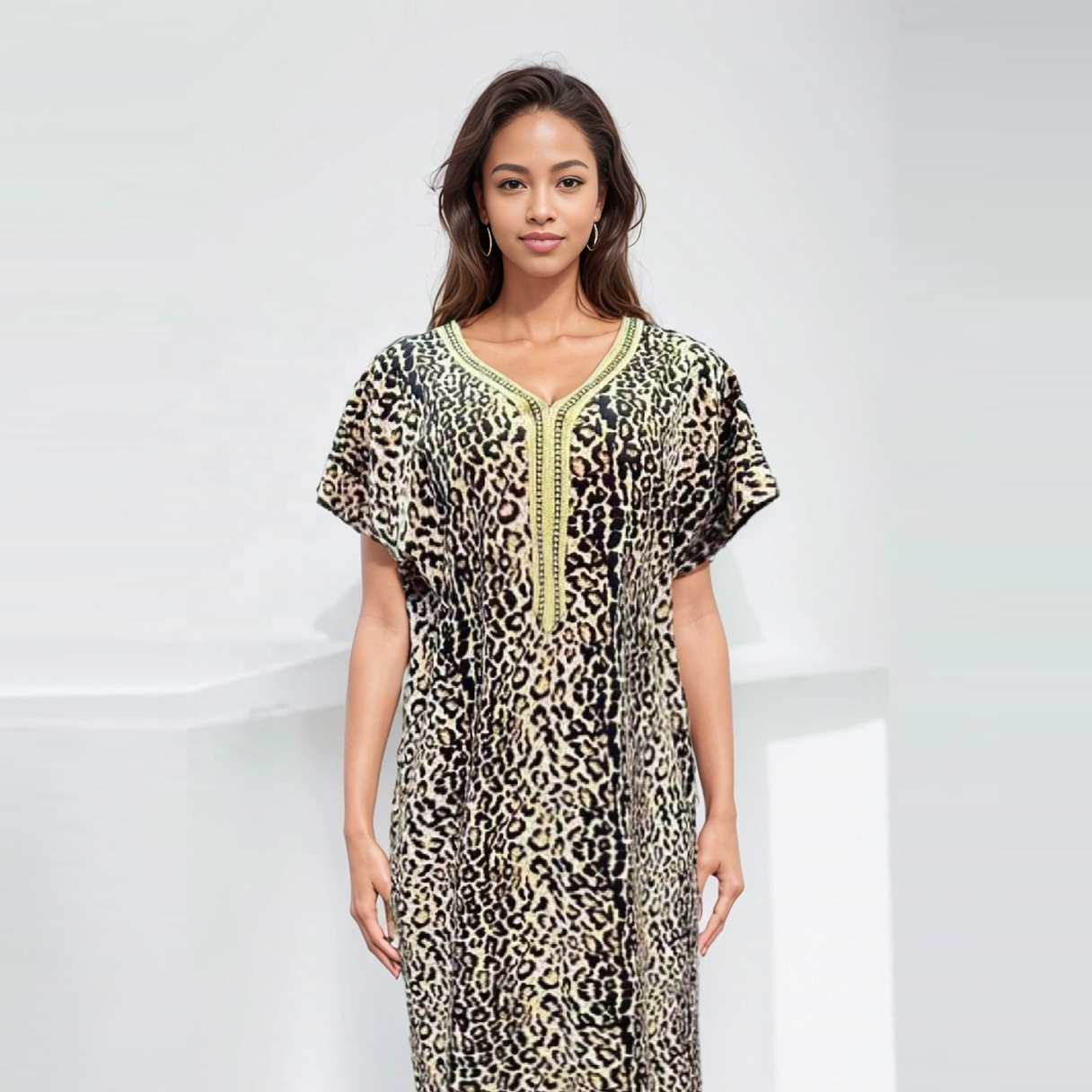 Fashion Casual Style V Neck Ant Cloth Short Sleeve Folkloric Graphic Embroidery African Women Abaya Leopard Dress