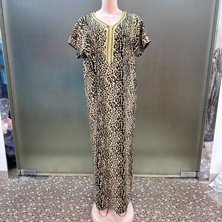 Fashion Casual Style V Neck Ant Cloth Short Sleeve Folkloric Graphic Embroidery African Women Abaya Leopard Dress