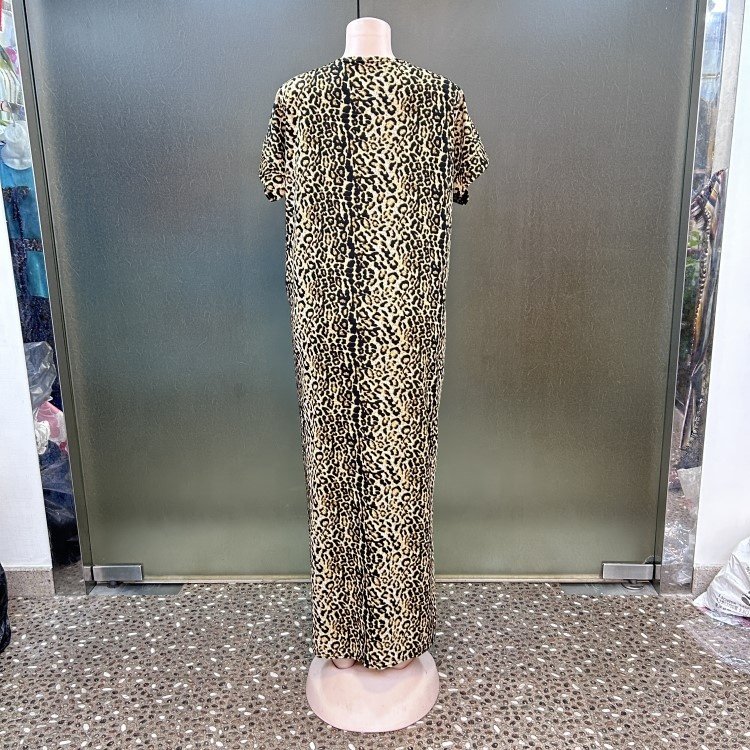 Fashion Casual Style V Neck Ant Cloth Short Sleeve Folkloric Graphic Embroidery African Women Abaya Leopard Dress
