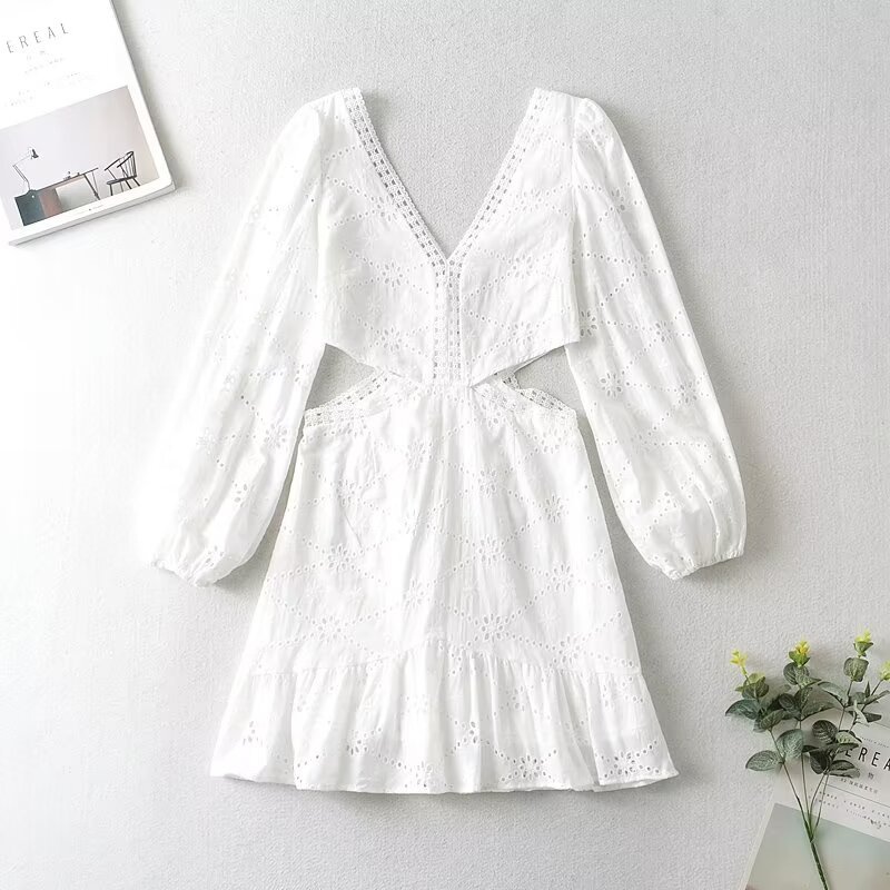 TAOP&ZA women's 2024 early autumn French white waist opening design V-neck sexy exposed waist design long-sleeved hip dress