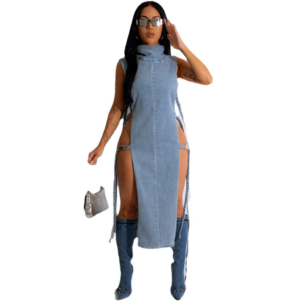Fashion New Style Sexy Sleeveless Knitted High Neck Slim Fit Summer Bodycon Dress Women Midi Dress