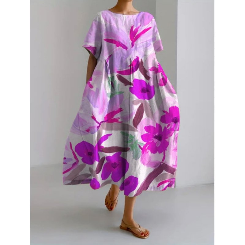 Loose and Breathable Round Neck Fashion Temperament Printed Short Sleeve Big Hem Women's Long Dresses Sehe Fashion