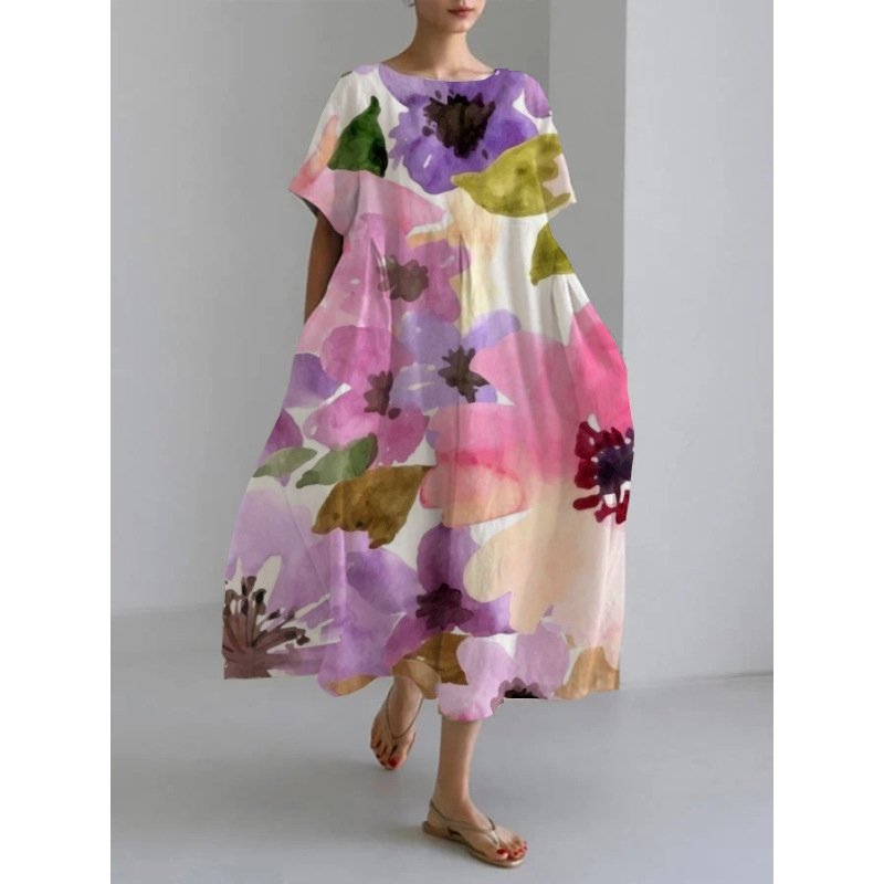 Loose and Breathable Round Neck Fashion Temperament Printed Short Sleeve Big Hem Women's Long Dresses Sehe Fashion