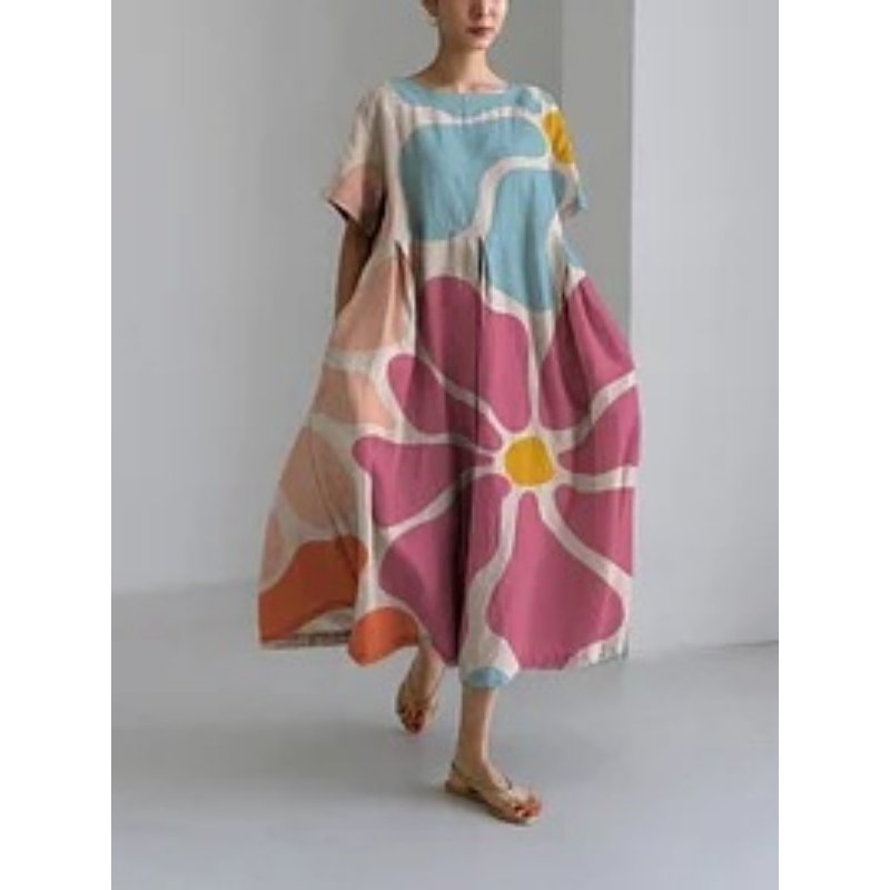 Loose and Breathable Round Neck Fashion Temperament Printed Short Sleeve Big Hem Women's Long Dresses Sehe Fashion