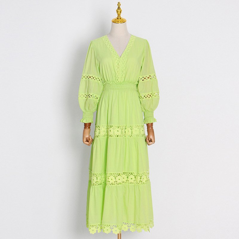 Seaside Holiday Style Lace Stitching Dress 2022 Summer New Fashion Vestidos Blancos V-neck Long-sleeved Ruffle Skirt