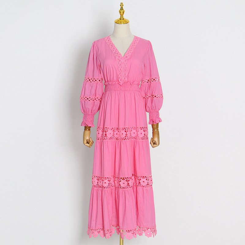 Seaside Holiday Style Lace Stitching Dress 2022 Summer New Fashion Vestidos Blancos V-neck Long-sleeved Ruffle Skirt