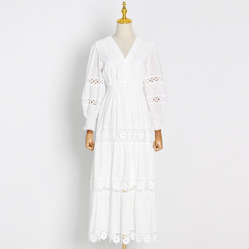 Seaside Holiday Style Lace Stitching Dress 2022 Summer New Fashion Vestidos Blancos V-neck Long-sleeved Ruffle Skirt