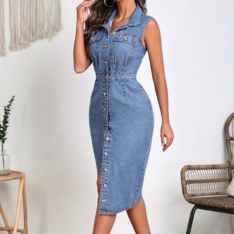 2023 New Design Casual Single Button Fashion Formal Denim Dress For Women