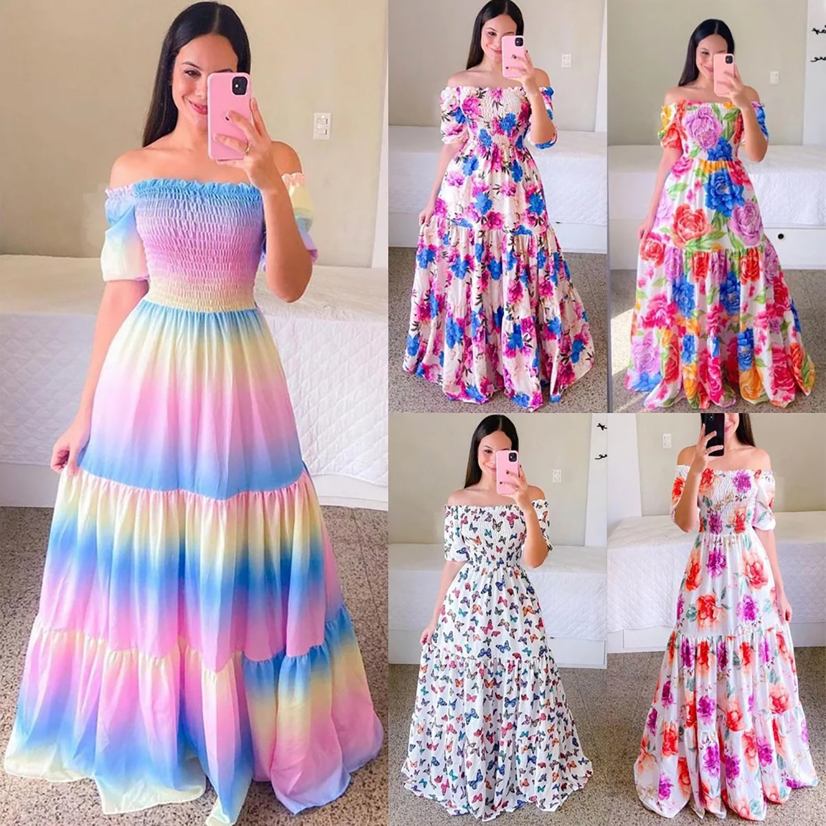 Fashion Ladies Long Summer One-shoulder Floral Dress Women Clothing Casual Dresses Women's Maxi Dresses