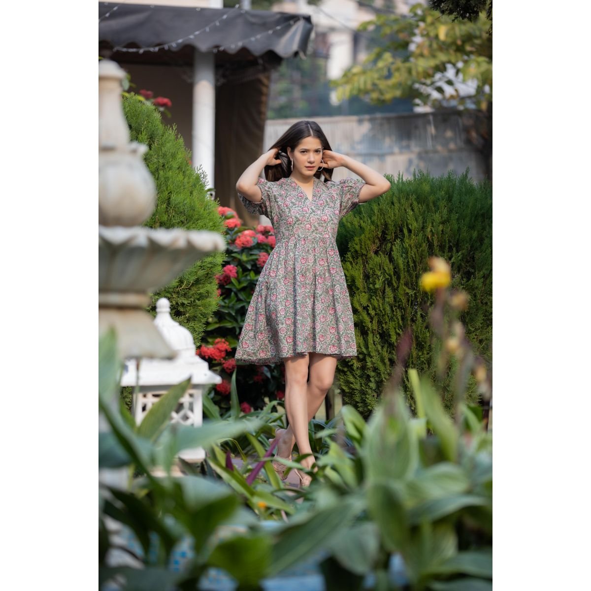 New Women's Hand Block Cotton floral Printed V-Neck Half Sleeve Flowy Flared Cut Brown Mini Dress Casual Dress
