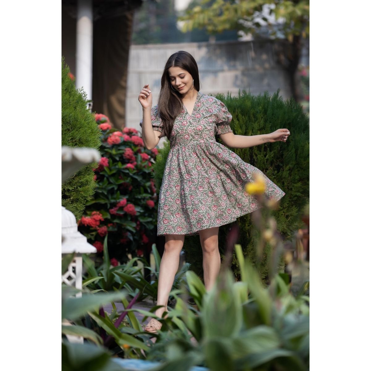 New Women's Hand Block Cotton floral Printed V-Neck Half Sleeve Flowy Flared Cut Brown Mini Dress Casual Dress