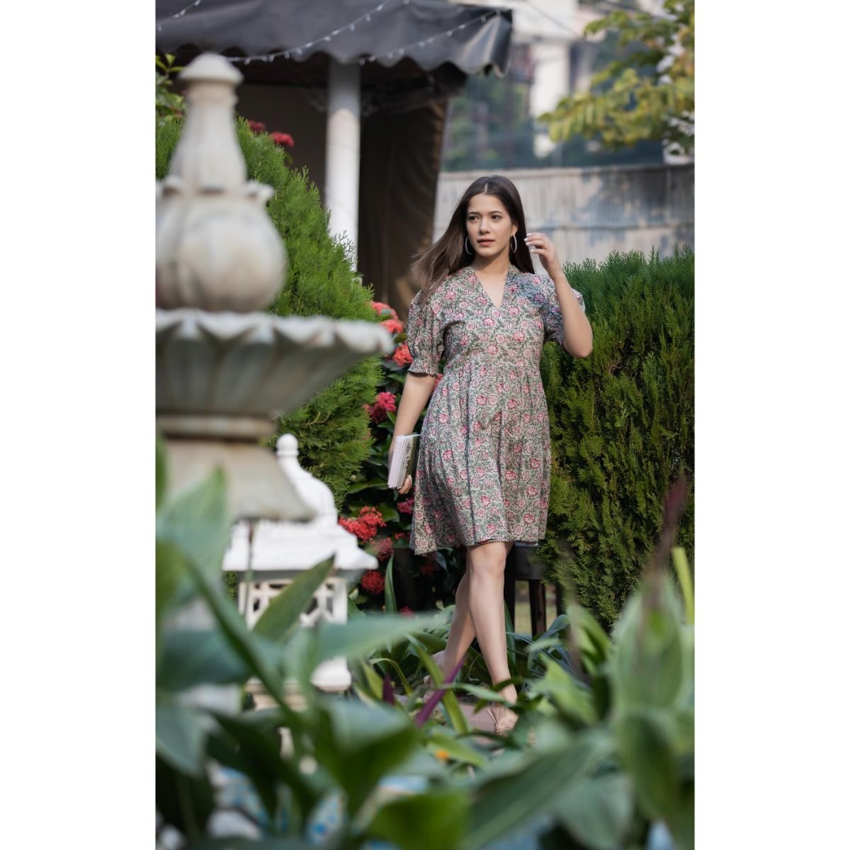 New Women's Hand Block Cotton floral Printed V-Neck Half Sleeve Flowy Flared Cut Brown Mini Dress Casual Dress