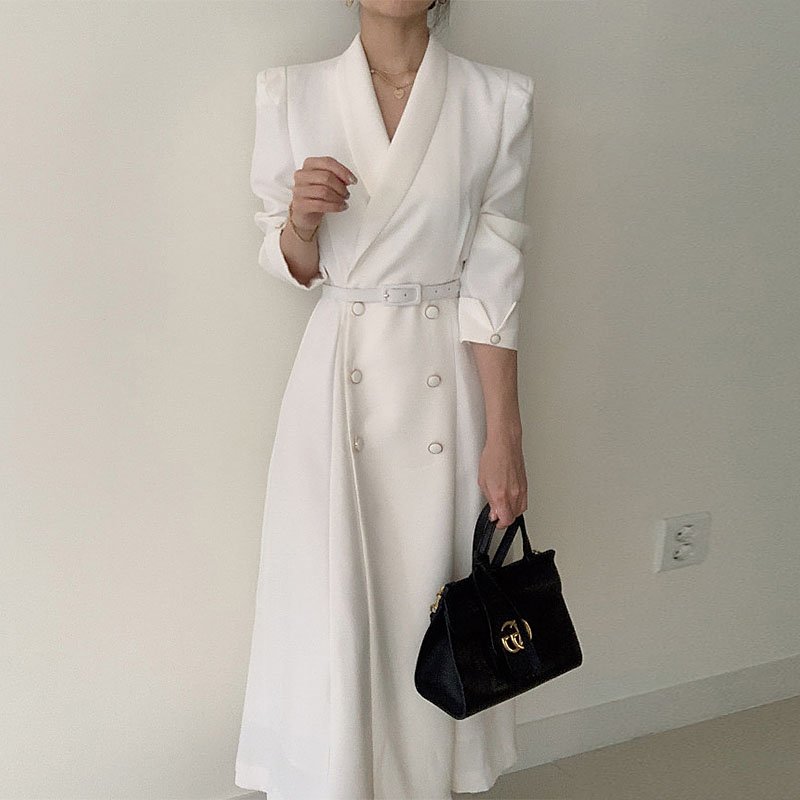 Pleat Abaya Boutique Wholesale 2023 Autumn French Elegant Suit Collar Double Breasted Straps Waist Solid Color Long Casual Dress