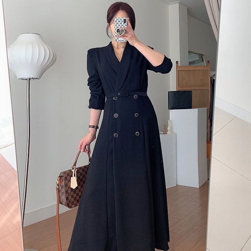 Pleat Abaya Boutique Wholesale 2023 Autumn French Elegant Suit Collar Double Breasted Straps Waist Solid Color Long Casual Dress