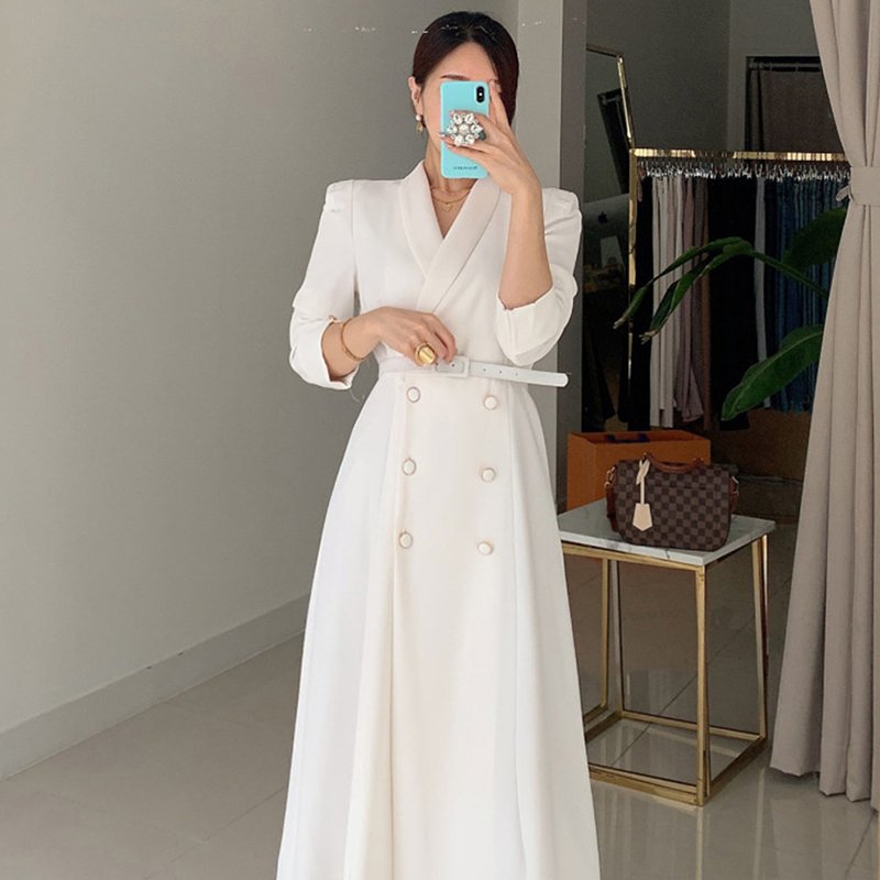 Pleat Abaya Boutique Wholesale 2023 Autumn French Elegant Suit Collar Double Breasted Straps Waist Solid Color Long Casual Dress