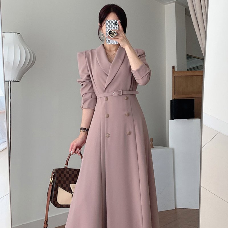 Pleat Abaya Boutique Wholesale 2023 Autumn French Elegant Suit Collar Double Breasted Straps Waist Solid Color Long Casual Dress