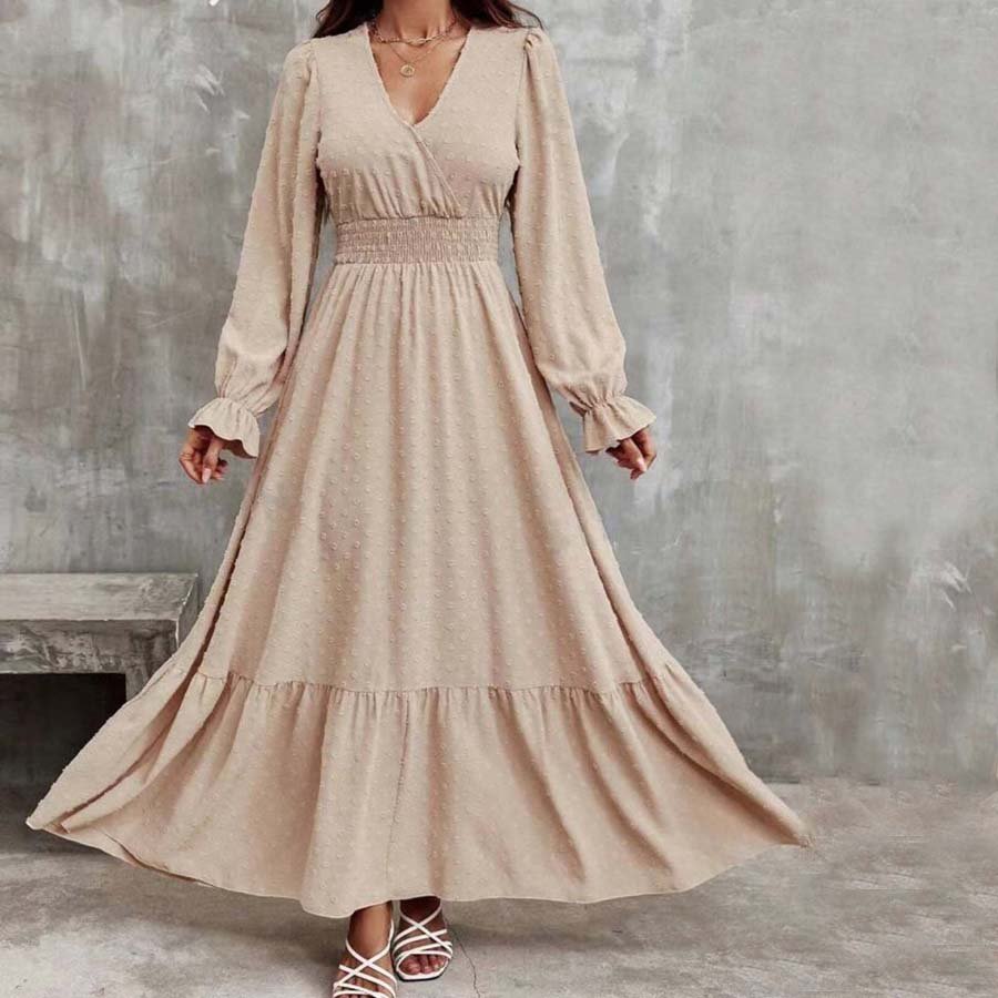 Wholesale Women's Clothing Manufacturers Custom Fall Dresses For Women Solid Color V Neck Long Sleeve Casual Dress