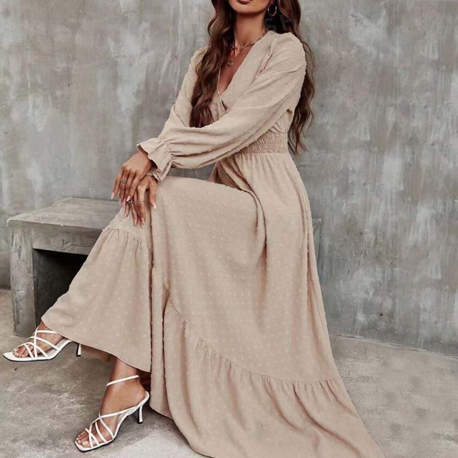 Wholesale Women's Clothing Manufacturers Custom Fall Dresses For Women Solid Color V Neck Long Sleeve Casual Dress