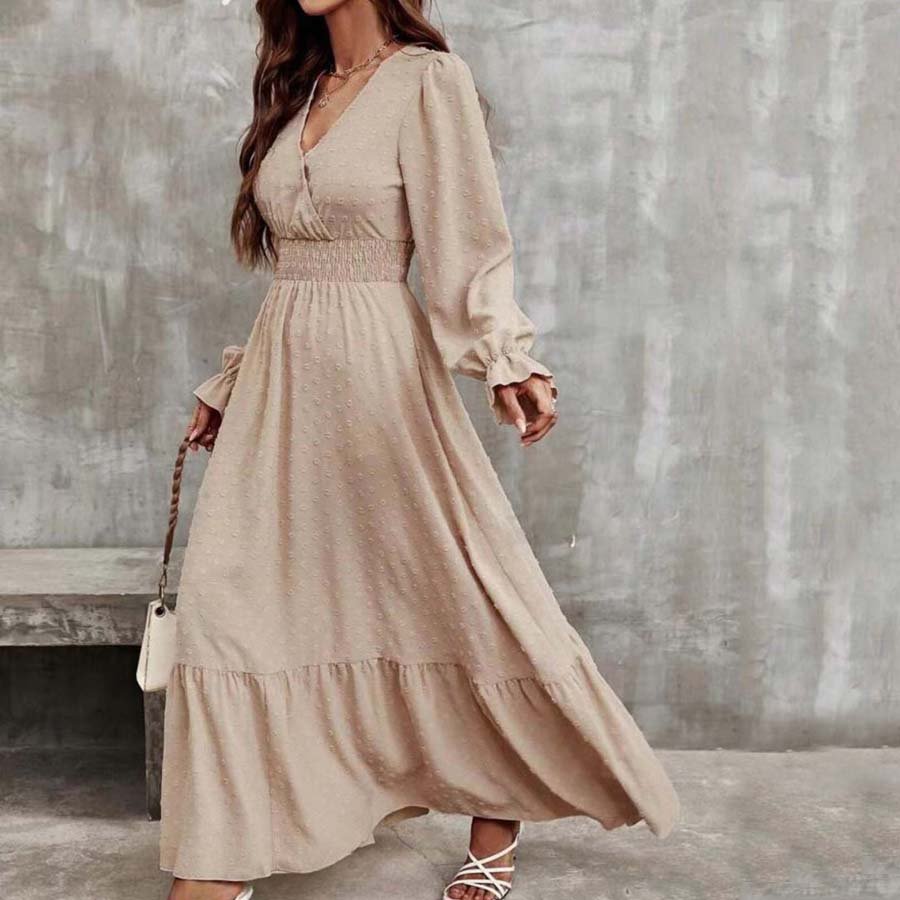Wholesale Women's Clothing Manufacturers Custom Fall Dresses For Women Solid Color V Neck Long Sleeve Casual Dress