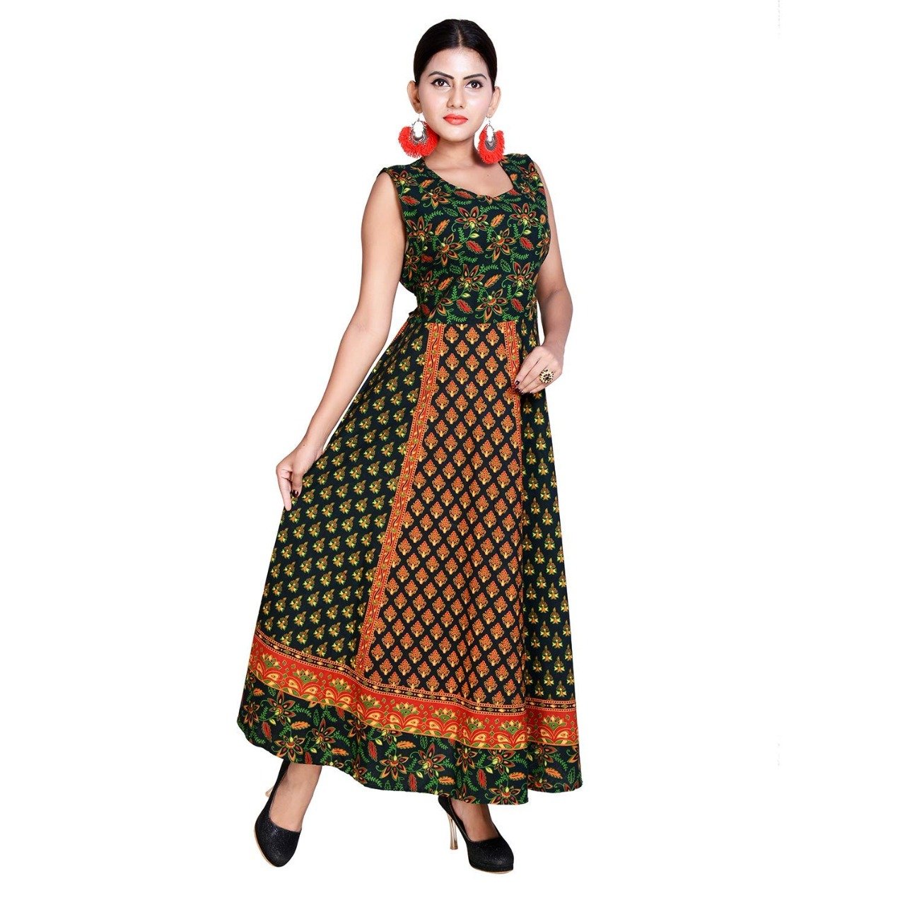 New Fashionable Floral Printed Lovely Blue Long Jaipuri Dress for Women Made of Cotton Fabric for Weddings and Beaches