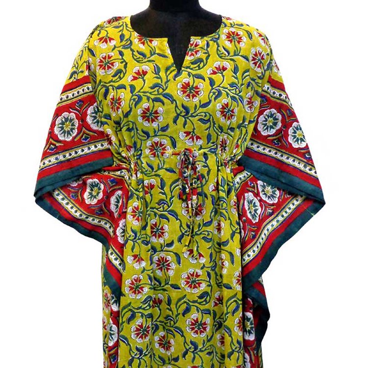 Hot Selling Kaftan Women Dress Comfortable Luxury Long Size Hand Block Printed Soft Cotton Voile Kaftan Nightwear For Sale