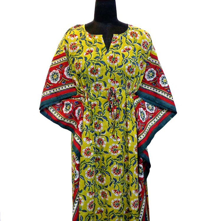 Hot Selling Kaftan Women Dress Comfortable Luxury Long Size Hand Block Printed Soft Cotton Voile Kaftan Nightwear For Sale