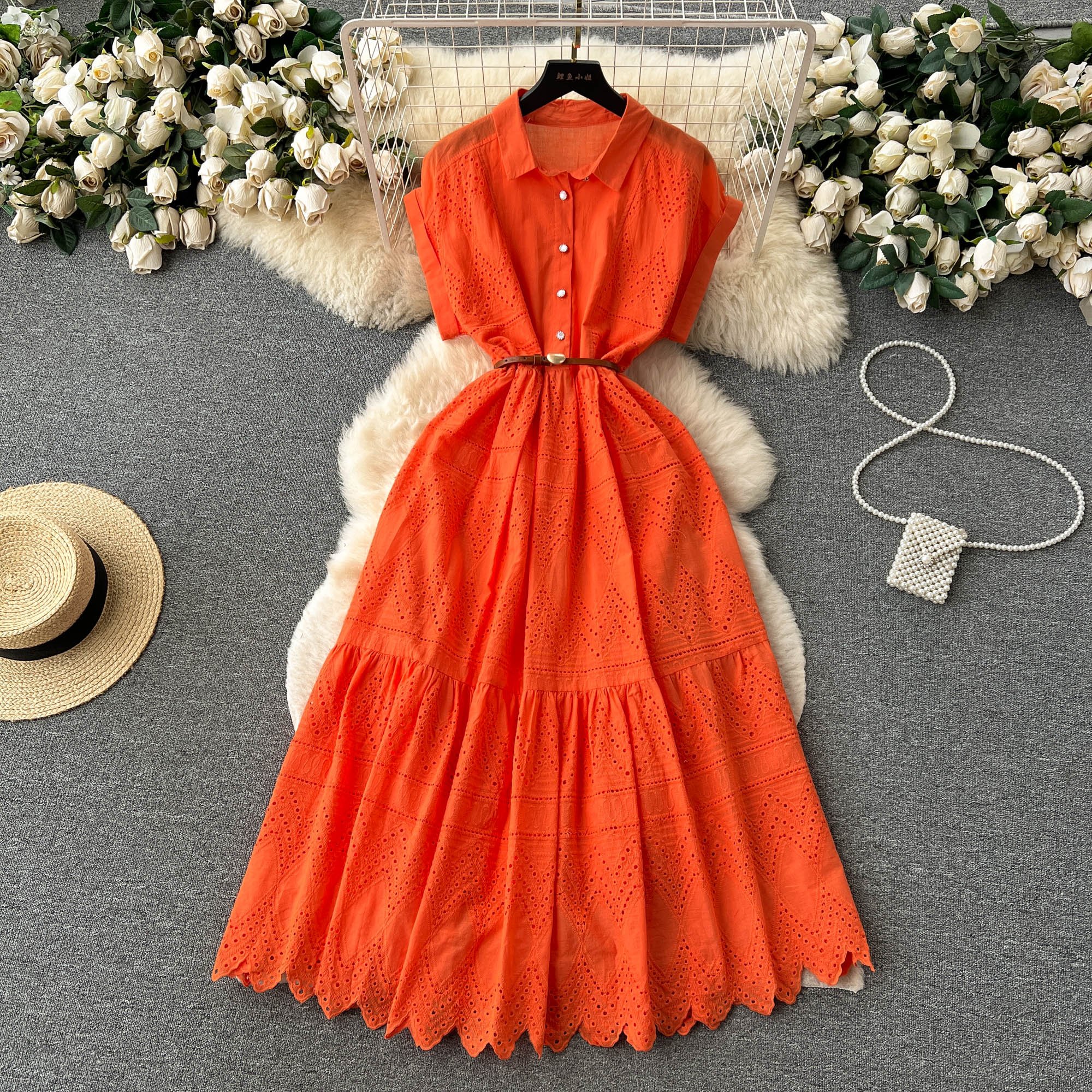 LE2233 Wholesale Summer Single-Breasted Loose Belted Long Dresses Women Drawstring Pleated Shirt Collar Splicing Long Dresses